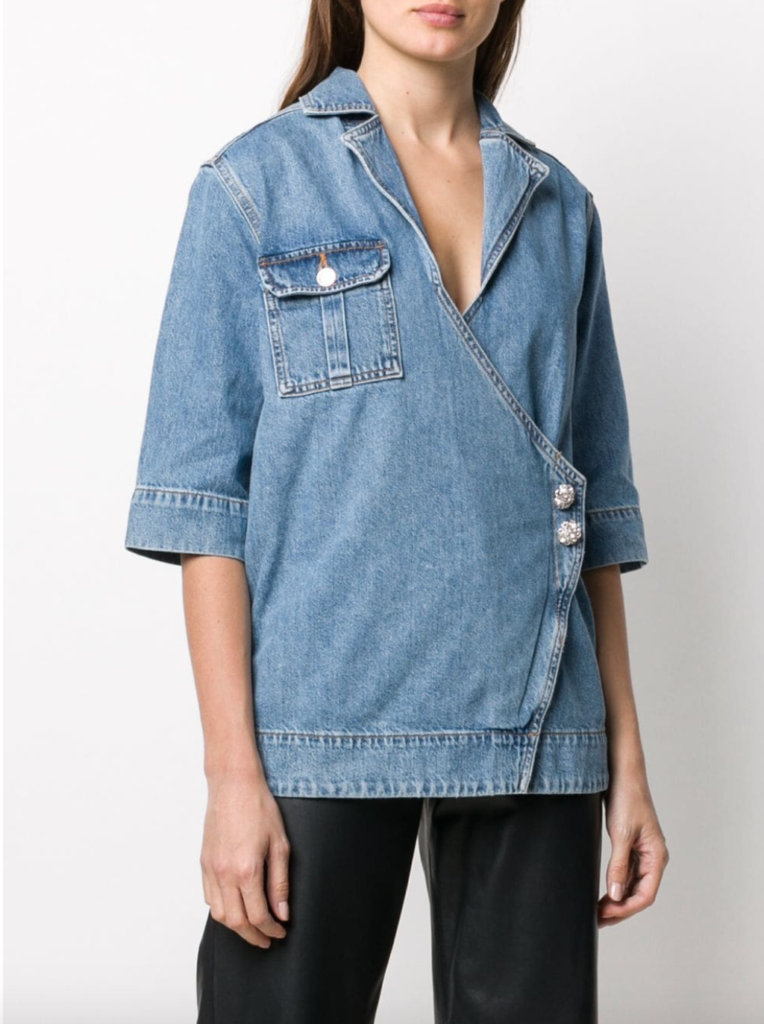 GANNI; Short Sleeve Denim Blouse, Ganni Denim, Ganni Denim Blouse, Ganni Wrap Blouse